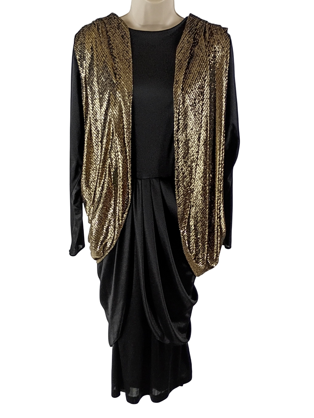 Vintage Black Long Sleeves Midi Dress with Gold Draped Overlay